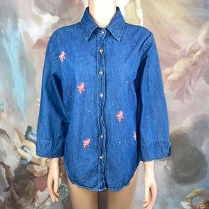 Lasolas Blue Denim Cartoon Patches Button Down Long Sleeve Top Shirt Blouse M